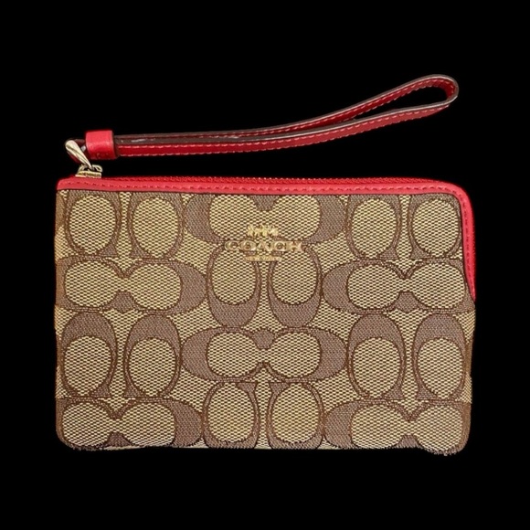 Coach Handbags - Coach F58033 Signature Canvas L-Zip Wristlet – Khaki/Brown with Red Leather Trim